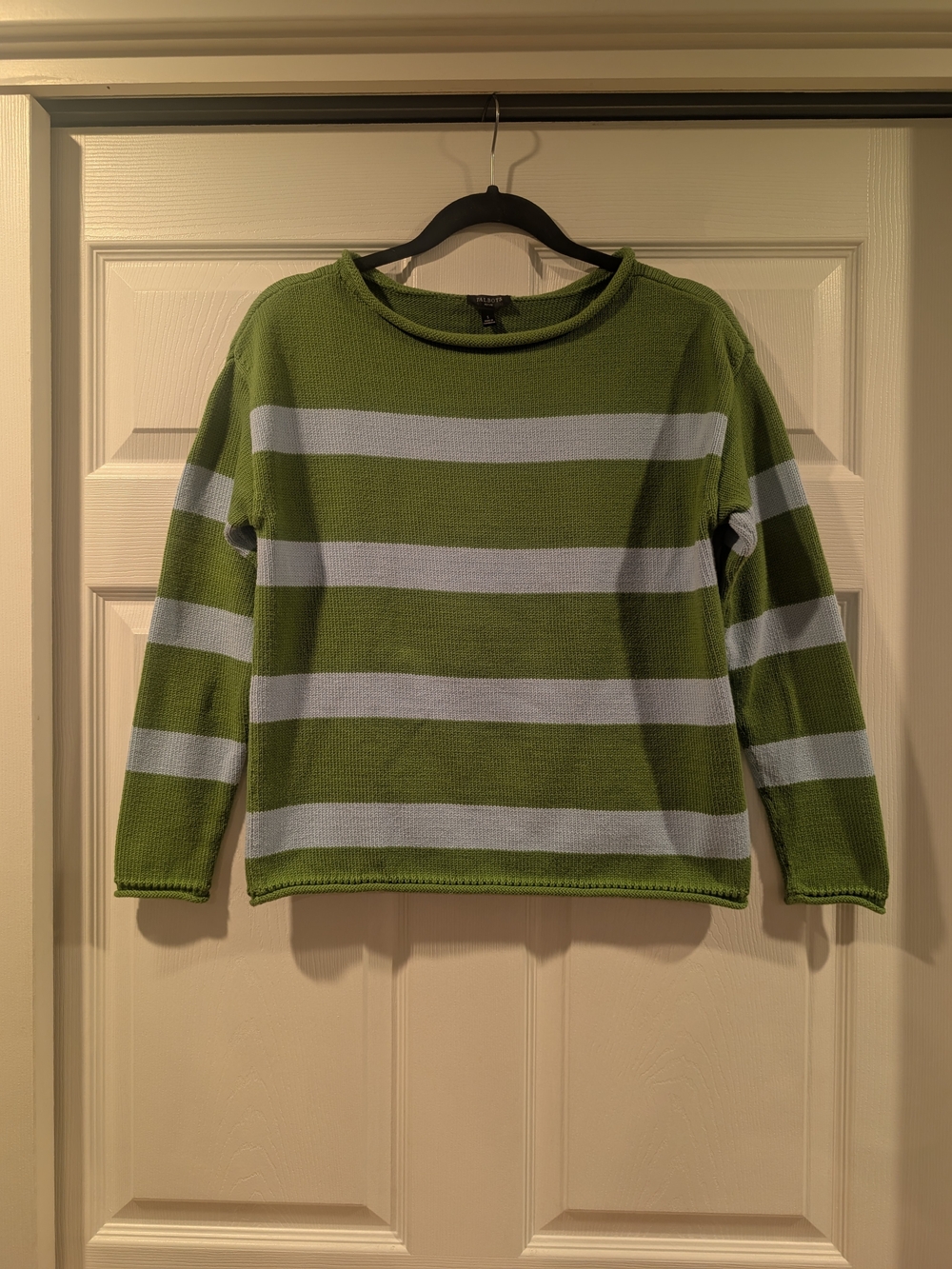 Talbots Green and Light Gray Striped Crewneck Sweater 100% Cotton